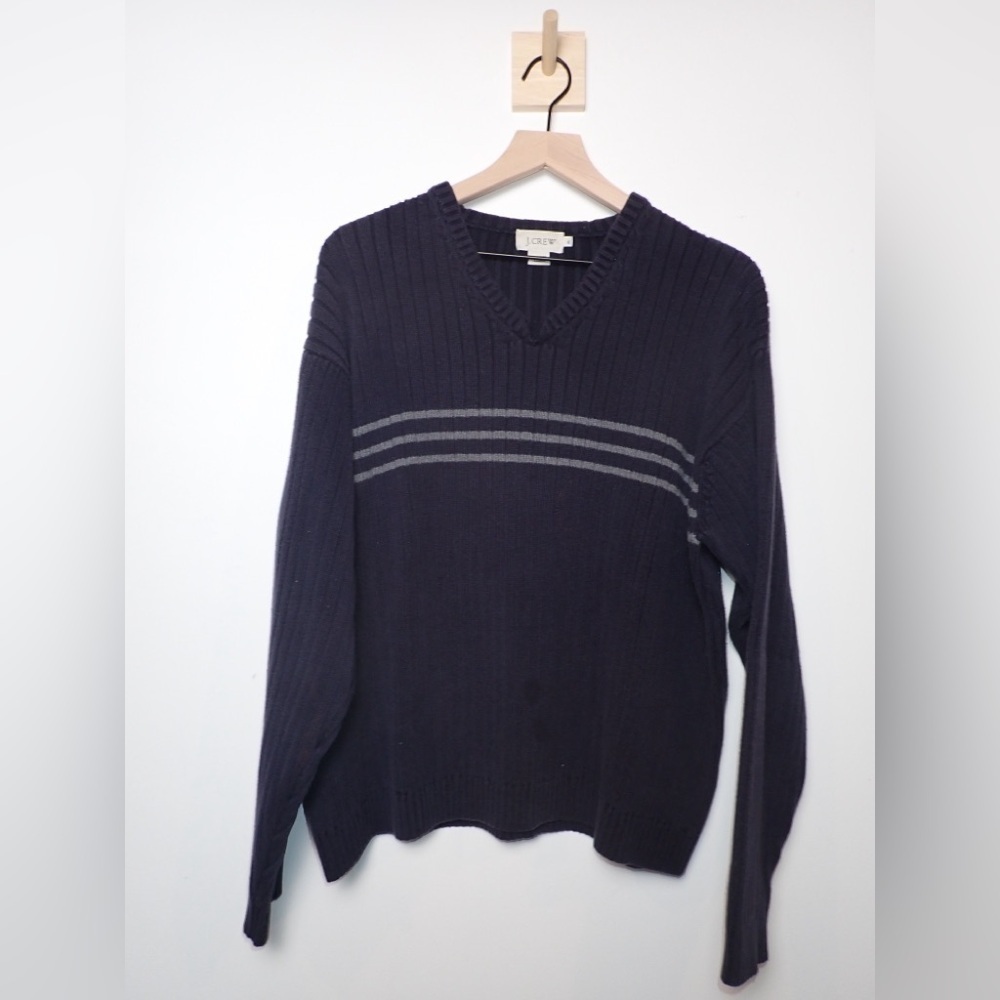 J. Crew 100% Cotton Navy and White Stripe Knit Heavyweight V Neck Sweater Sz XL